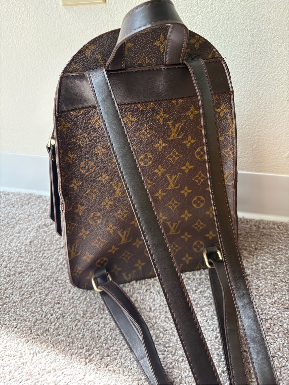 Monogram Pattern Brown Canvas Backpack with Matching Pouch - Picture 8 of 9